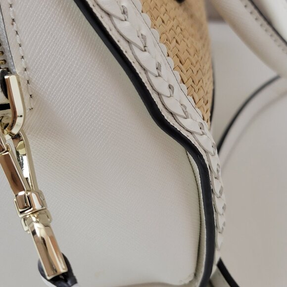 Kate Spade ♠️ White Leather & Woven Straw Dome Satchel Crossbody Gold Hardware - Picture 7 of 14